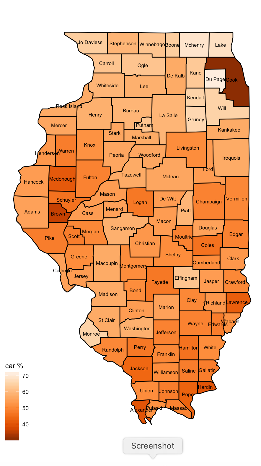 Choropleth of car ownership in
        Illinois counties
