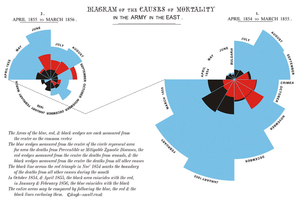 'coxcomb' graphic by
      Florence Nightingale in 1858 during the Crimean War showing deaths
      from wounds, other causes, and preventable disease