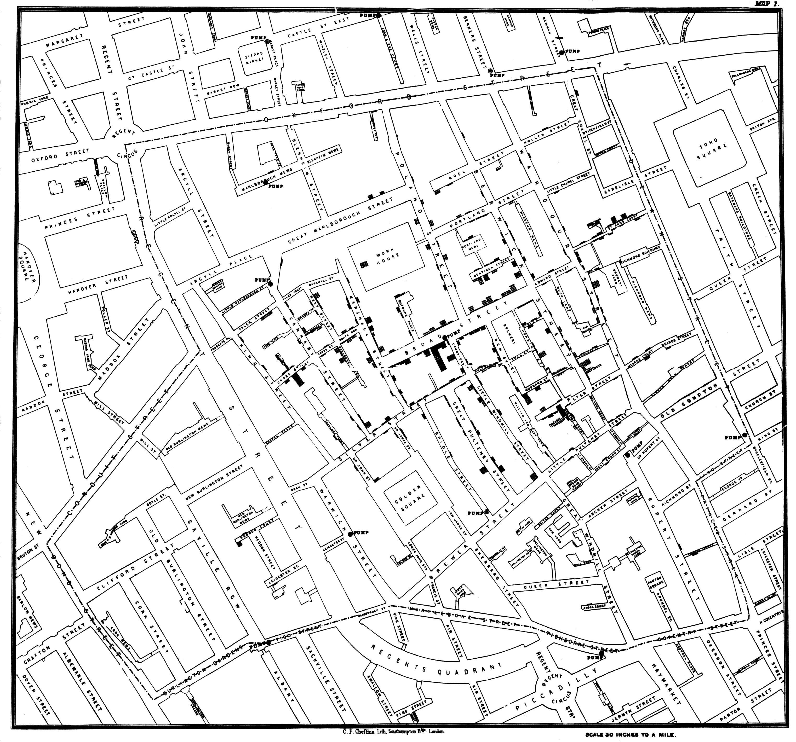 one of the original Broad
        Street cholera maps by John Snow