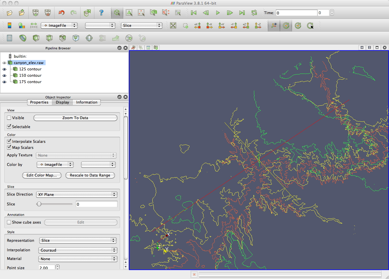 PAraview visualization of grant canyon height map as contours