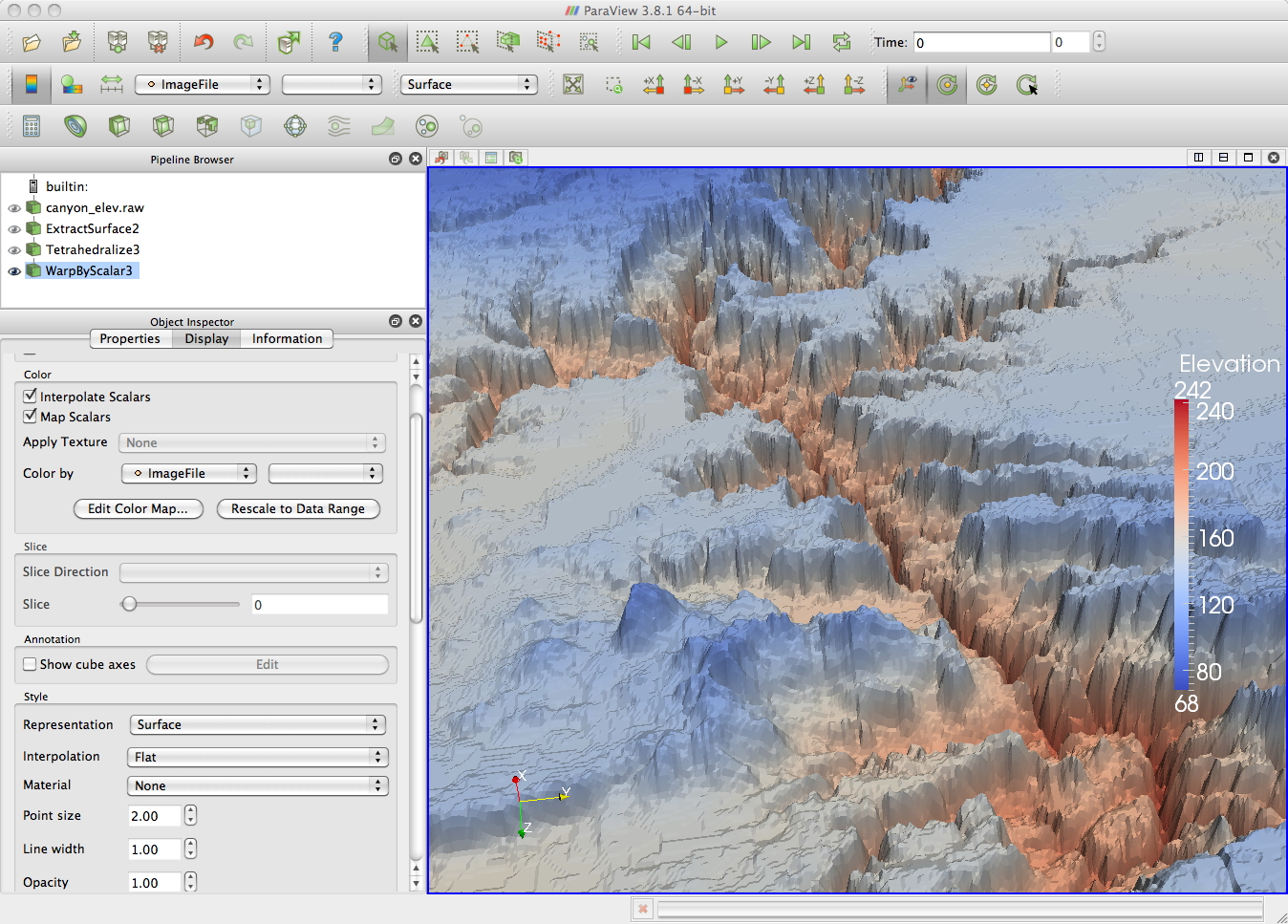 Paraview visualization of Grand Canyon height map as surface