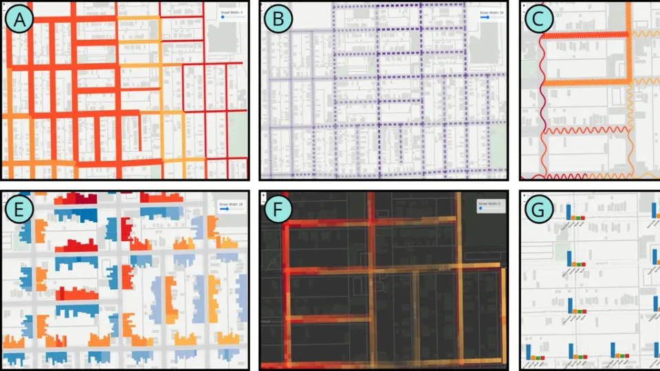 Eight street network visualizations made with StreetWeave