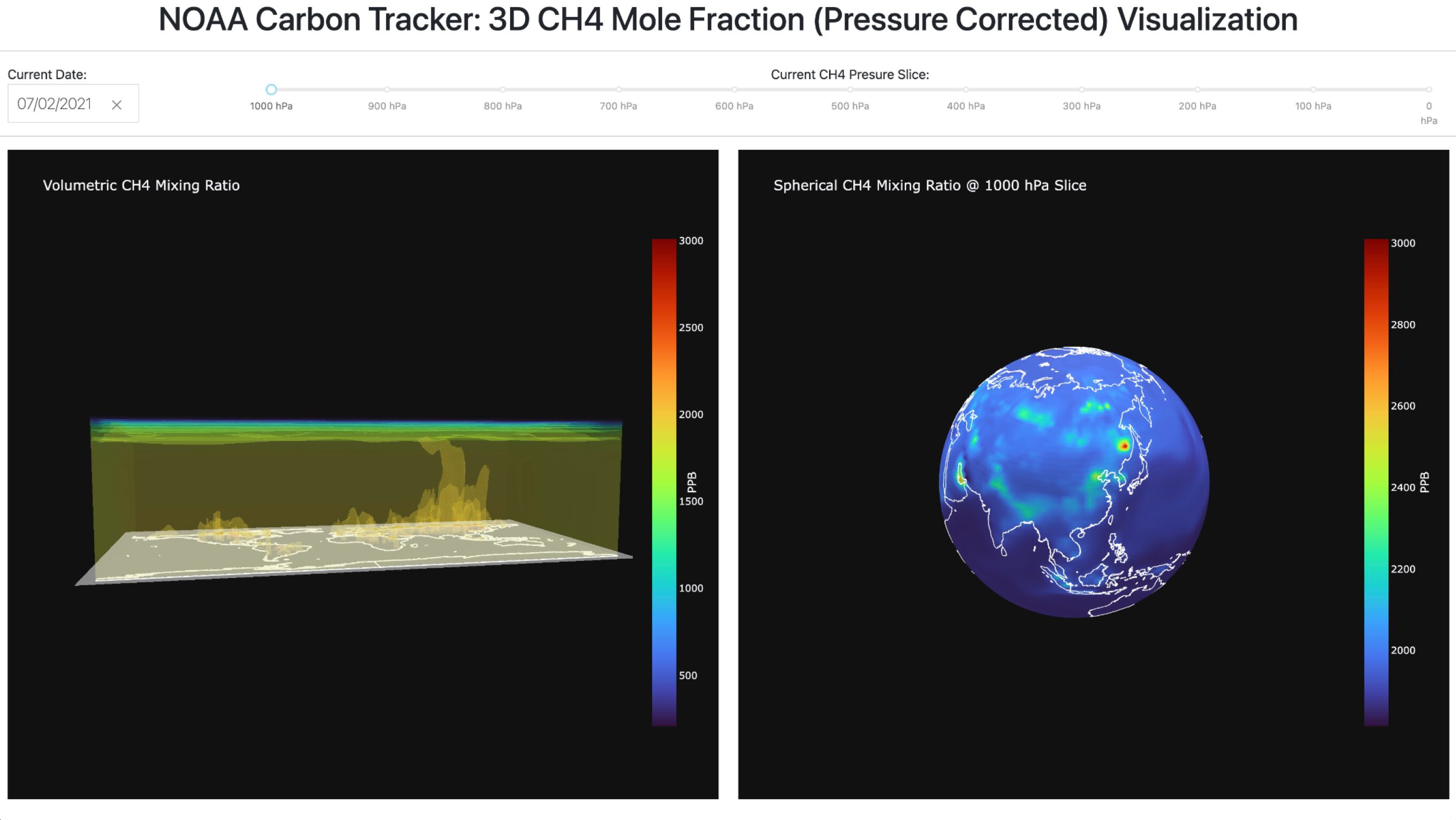 Visualizing the NOAA CarbonTracker-CH4 3-D Mole Fraction (Pressure Corrected) Dataset