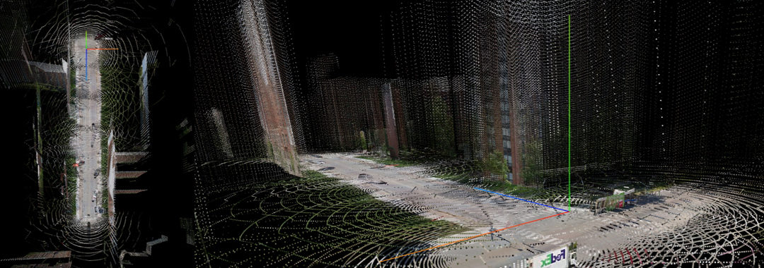 Sample point cloud reconstruction based on the output of merging 6 different panoramic images along a street.