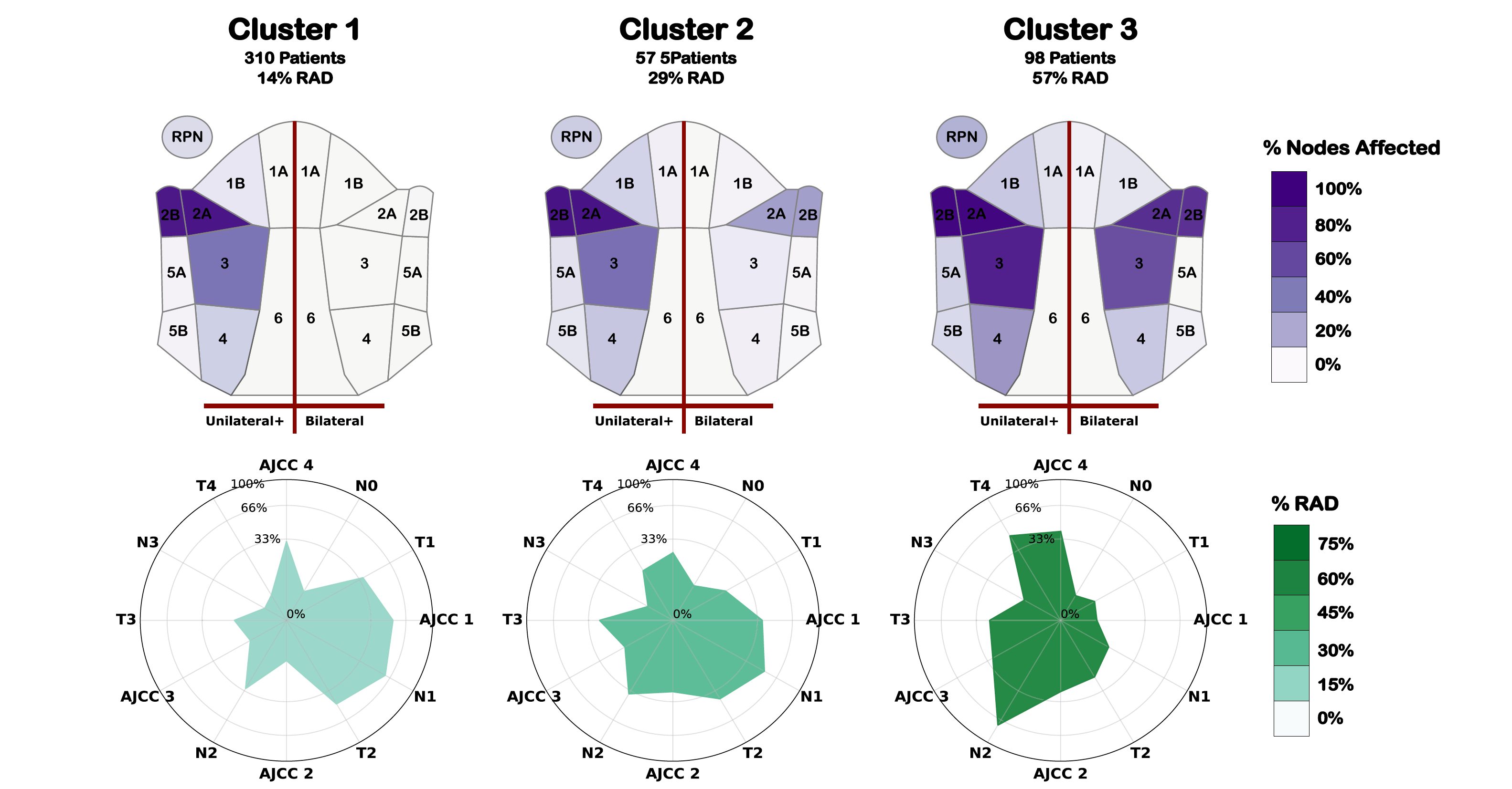 Average lymph node involvement and clinical staging categories of the 3 derived lymph node + radiomics clusters across both the training and validation datasets.