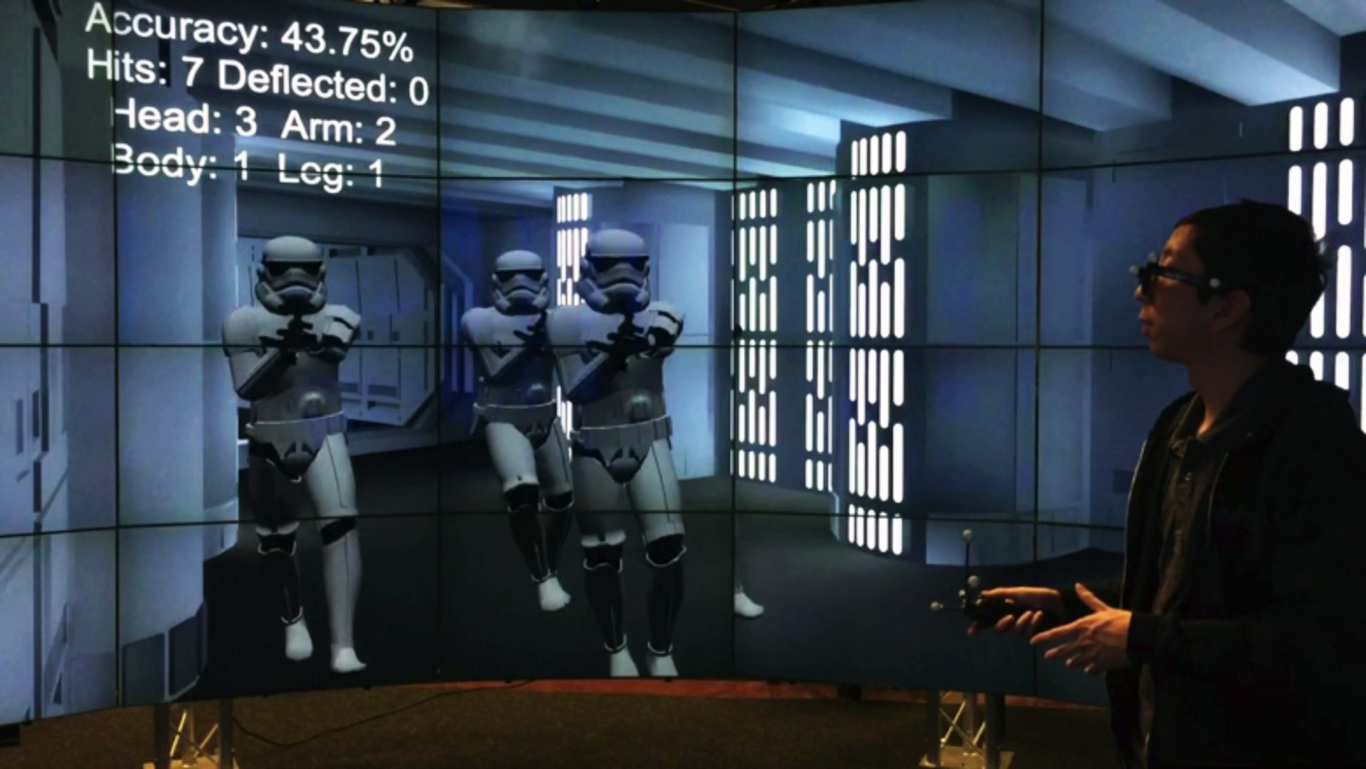 Arthur Nishimoto and the Stormtroopers in the Death Star, shown in the UIC CAVE2 Hybrid Reality Environment.