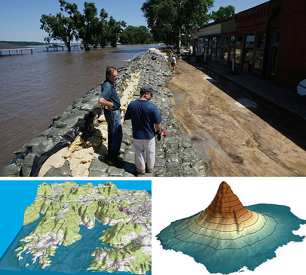 The floodwaters in Clarksville, MO and an example of Geowall topographical mapping animations.