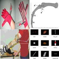 The hand kinematics model, assistive devices and vitual objects for grasp