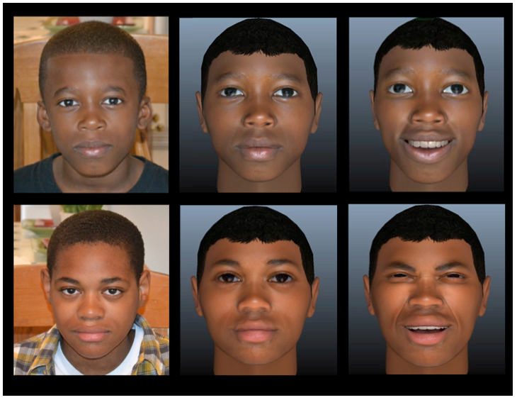 Formation of base head models. Examples of photographs of two of the four children (left, top and bottom) used to develop the base head models for the virtual human vignettes.