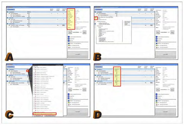 Four screen shots (A–D) show the HANDS control group interface that was used to orient the participant to the major features of the care planning system.