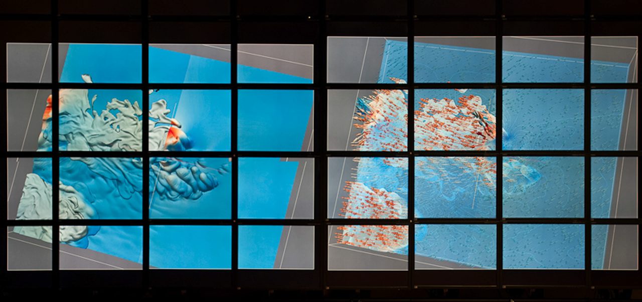 100 million pixel tiled display at EVL displaying two ParaView sessions.