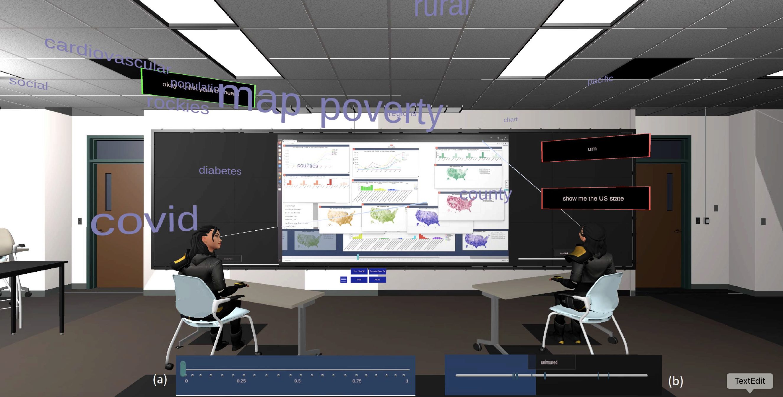 PSA is an immersive MR/VR framework for experiencing and analyzing recorded conversations and events. We see two participants represented as virtual avatars engaged in a conversation.