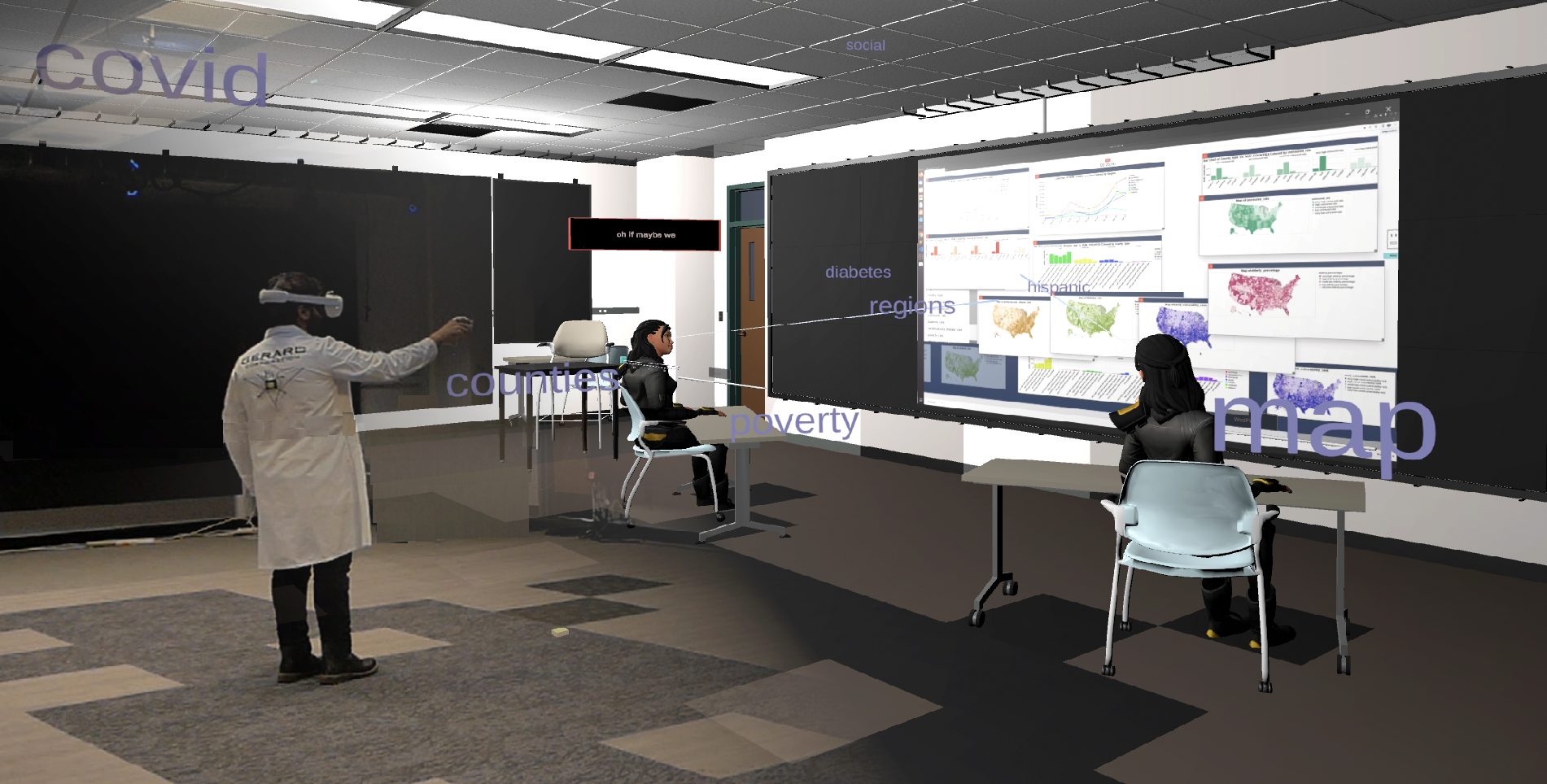 A user embedded in a conversation using Personal Situated Analytics in Virtual Reality as virtual avatars.