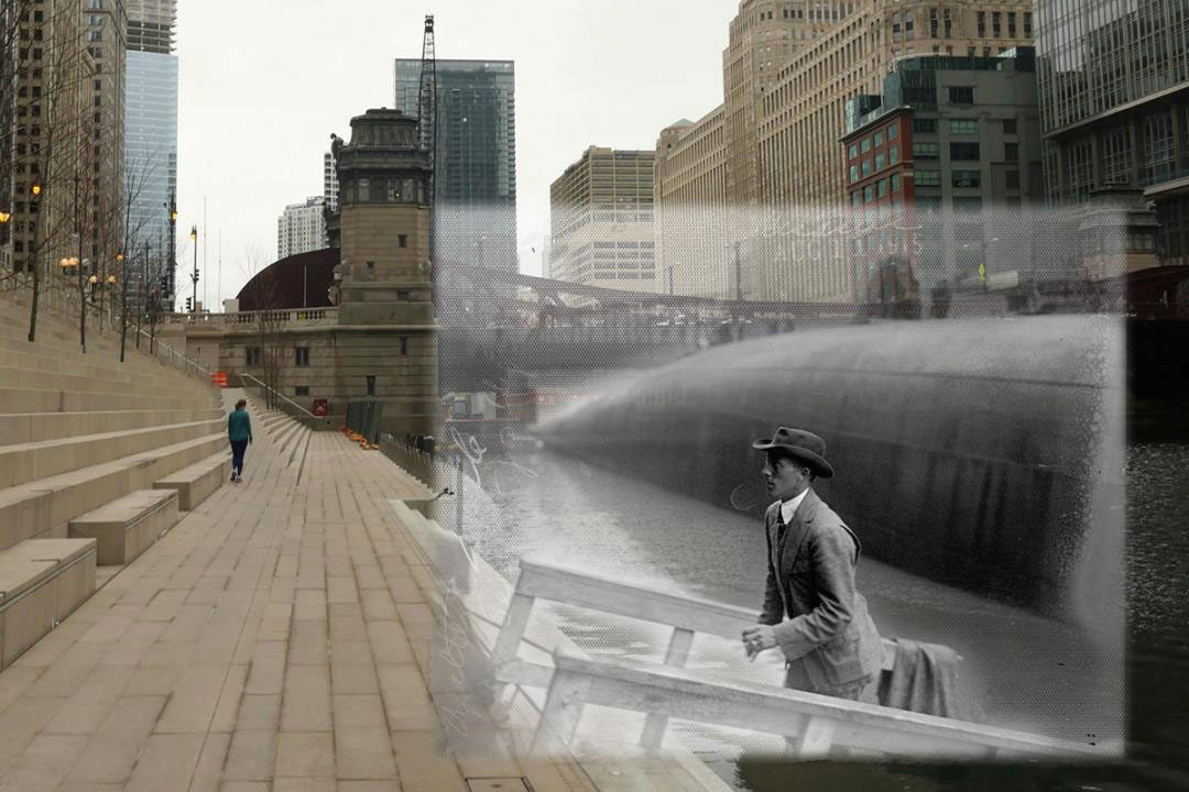 A sample photo from the historical archive superimposed on the live camera stream. In order to create an appealing AR effect, the photo needs to appear aligned with specific environmental features.