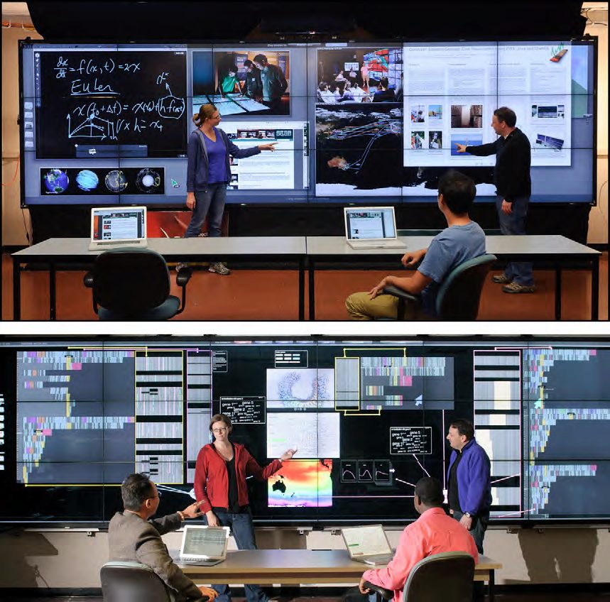 A single machine-driven tiled-display wall running SAGE at the Electronic Visualization Laboratory in the University of Illinois at Chicago. The 20′ by 6′ display wall is made up of 18 LCD panels with a total resolution approximately 17 megapixels.