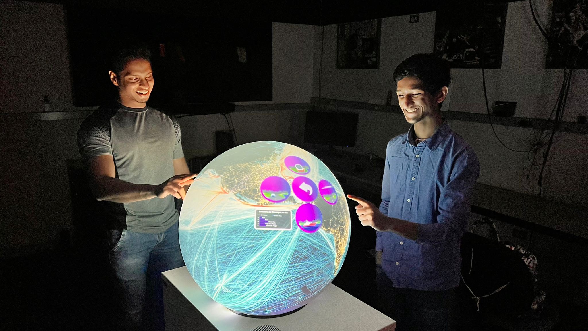 The data visualization application running on the multi-touch spherical display was developed by <a href="https://pufferfishdisplays.com/">Pufferfish.Ltd.</a>