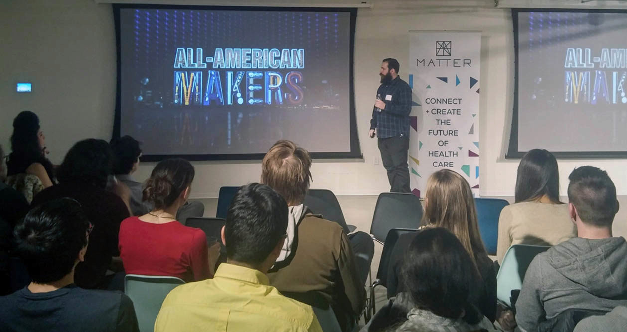 Victor Mateevitsi welcomes friends and colleagues to his viewing party for the All-American Makers TV show featuring SpiderSense at MATTER headquarters.