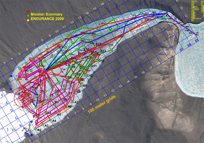Summary view of all 2009 ENDURANCE mission trajectories