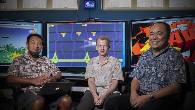 Jason Leigh, UHM &ldquo;CyberCANOE&rdquo; PI, is shown with co-PIs David Garmire, UHM Associate Professor of Electrical Engineering, and Chris Lee, the UH System&rsquo;s Academy for Creative Media (ACM) founder and director.