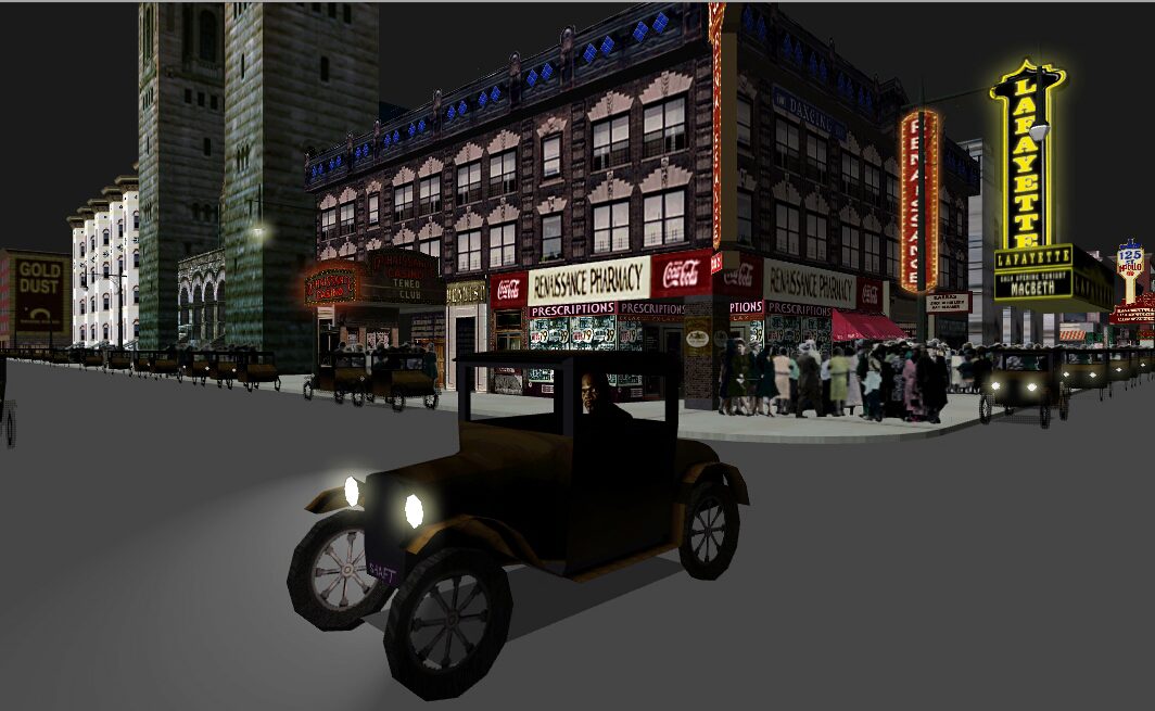 Image taken in 2002 of Virtual Harlem by Bryan Carter ported to the CAVE virtual environment at the UIC Electronic Visualization Laboratory.