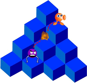 QBert Throwing a roct at his foe